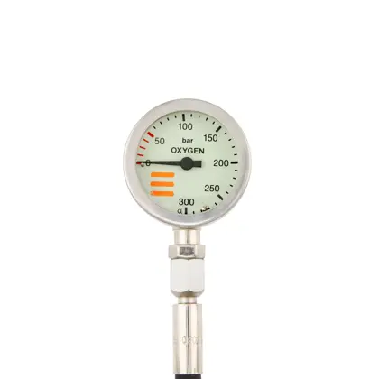 SPG diam 52 mm O2, scale 300 bar, presión de trabajo 230 bar, nickel, 20 cm latiguillos HP, sin tapa