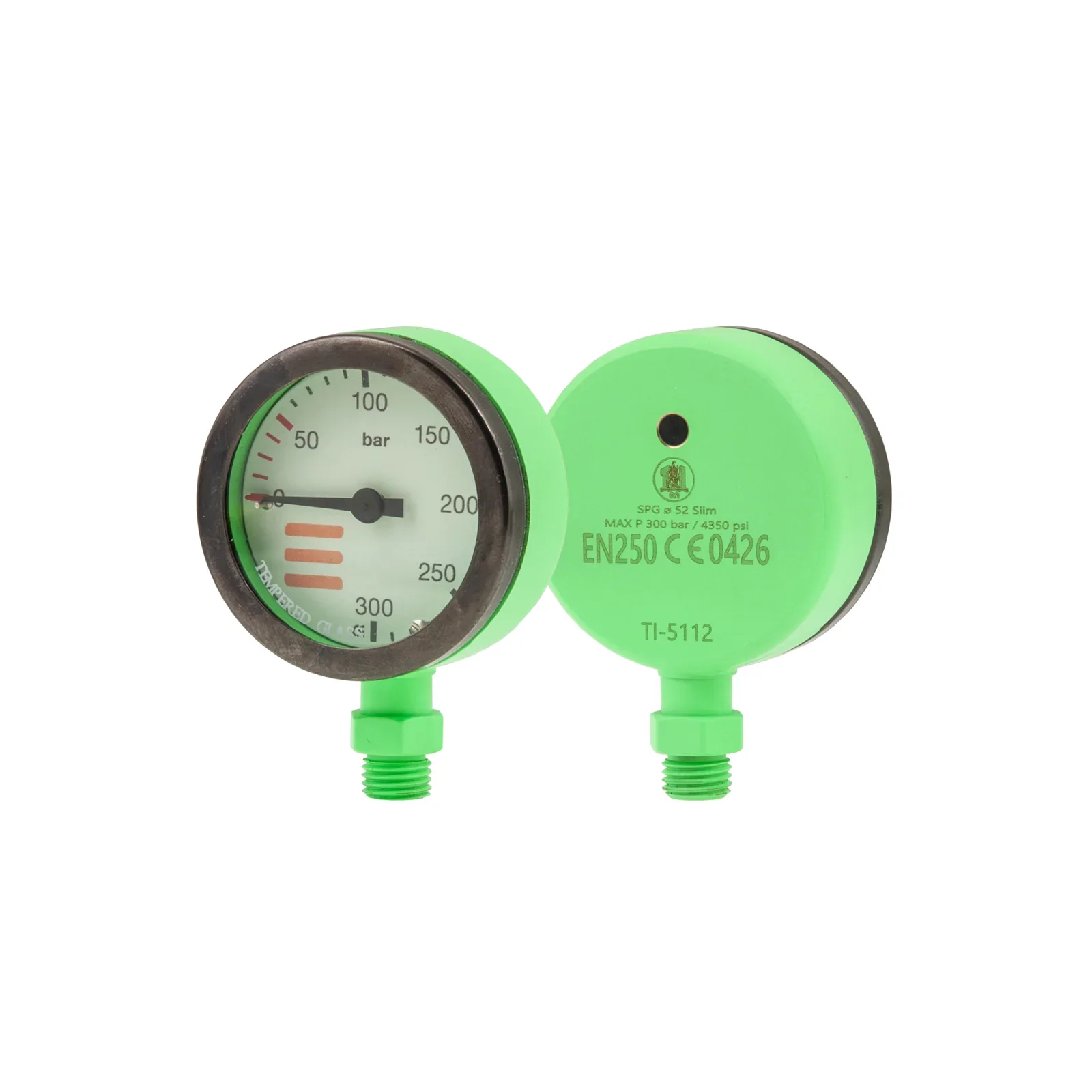 SPG diam 52 mm, scale 300 bar, presión de trabajo 230 bar, verde - cabezal solo