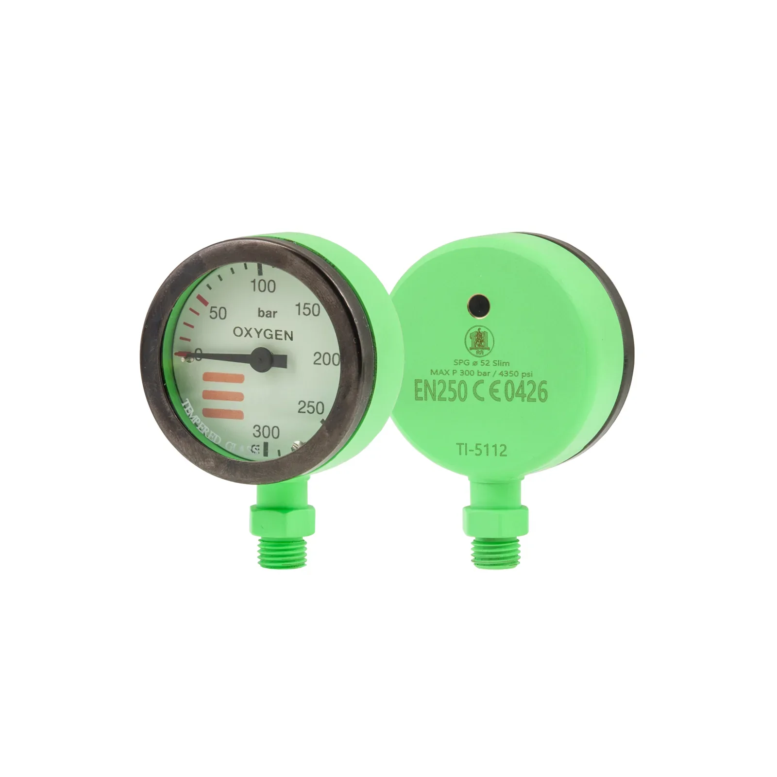SPG diam 52 mm O2, scale 300 bar, working pressure 230 bar, green - head only